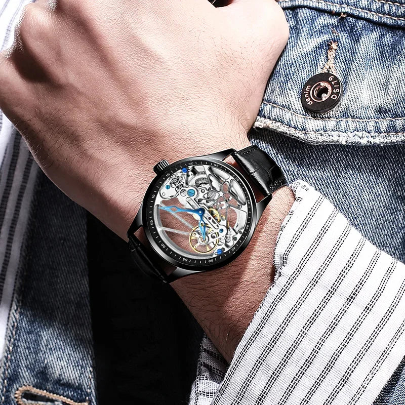 AILANG Men's Sports Automatic Watch – Leather Strap, Luminous Hollow Dial