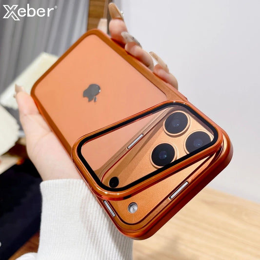 Plating Fold Glass Camera Stand Holder Clear Phone Case For iPhone 17 Pro Max 17 Pro Ultra Thin Transparent Shockproof PC Cover