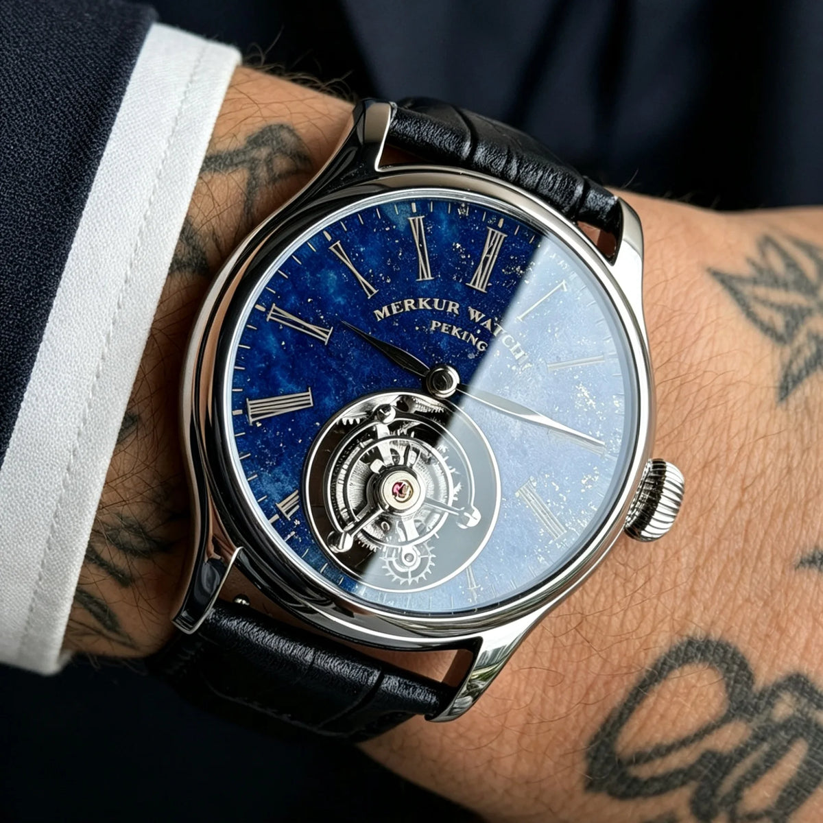Merkur Men's Tourbillon Watch – Natural Malachite Stone Dial, Sapphire