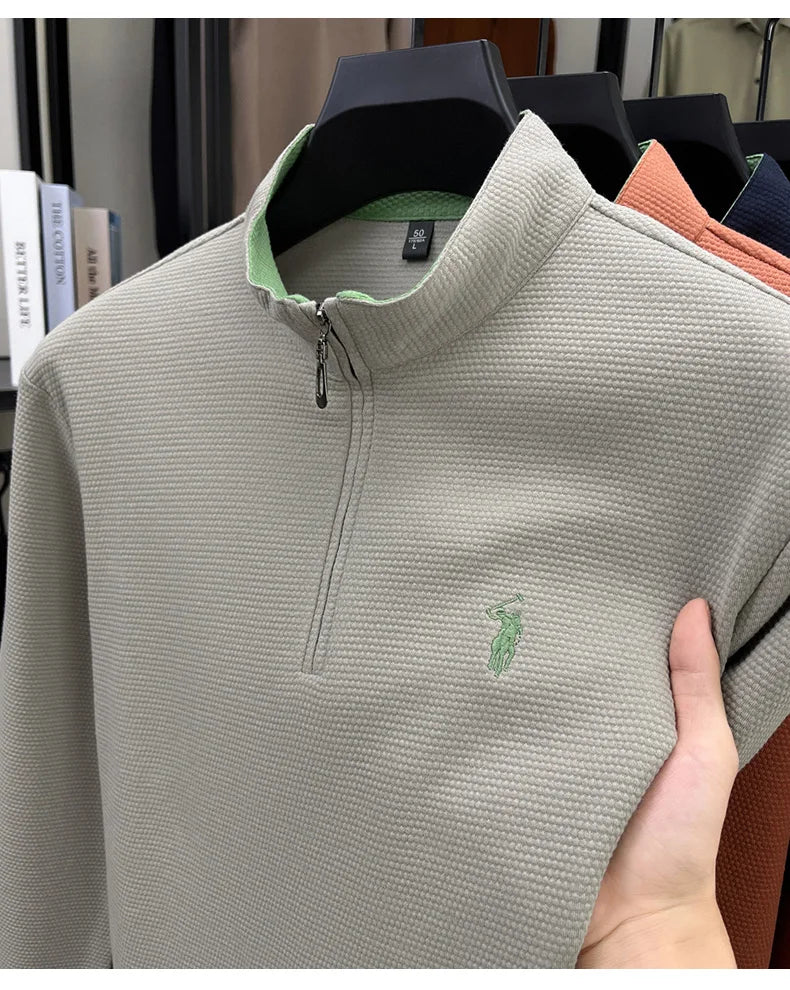 Men's Half-Zip Pony Embroidery Pullover – Stand-Collar Casual Top