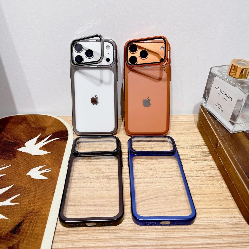 Plating Fold Glass Camera Stand Holder Clear Phone Case For iPhone 17 Pro Max 17 Pro Ultra Thin Transparent Shockproof PC Cover