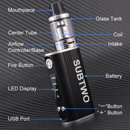SUBTWO 100W Vape Box Mod E Cigarettes Kit 30W/60W/100W Power Adjust Battery with 0.3ohm 2.5ml Bottom Atomizer Vaper Smoke Pen