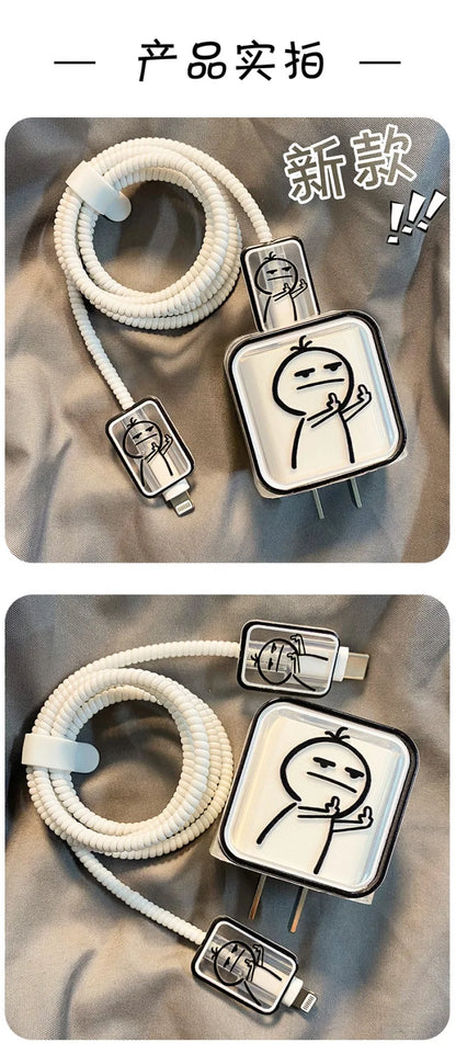 Creative Line Cute Case for iPhone 15 14 13 Pro Max 18/20W Charger Charging Protector Data Wire Winder Simple Line Art Cover