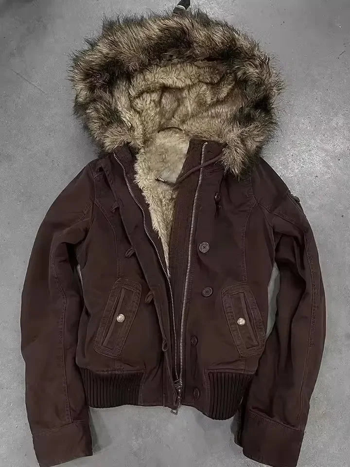Women's Fleece-Lined Hooded Jacket – Vintage Winter Coat with Fur Collar