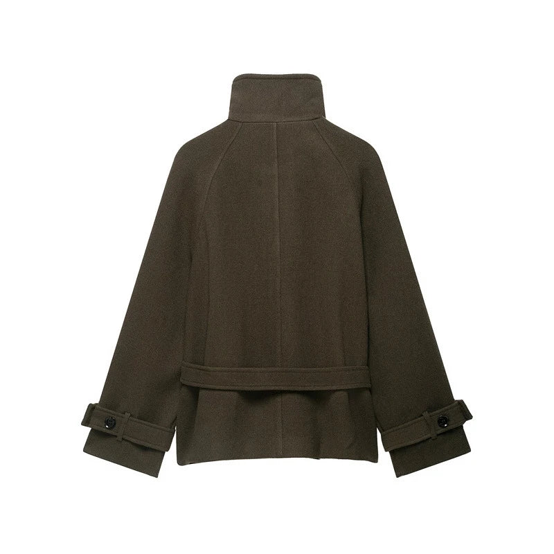 Women's Belted Wool-Blend Winter Coat – Asymmetric Lace-Up Design