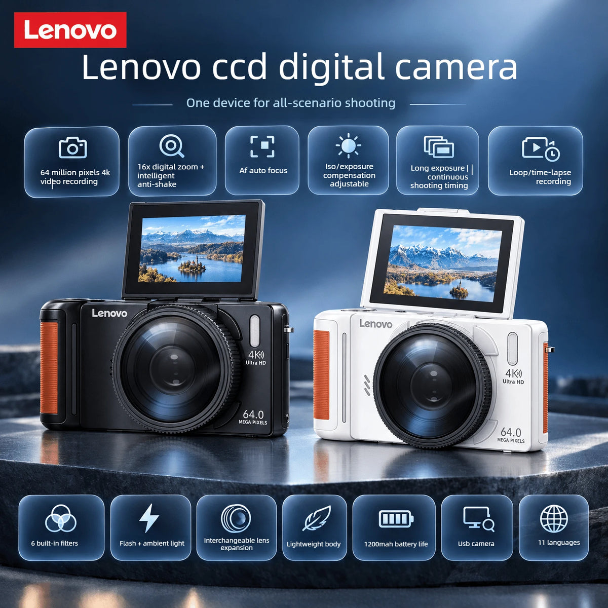 Lenovo R500 Digital Camera – 64MP, 18X Zoom, 1080p Vlogging