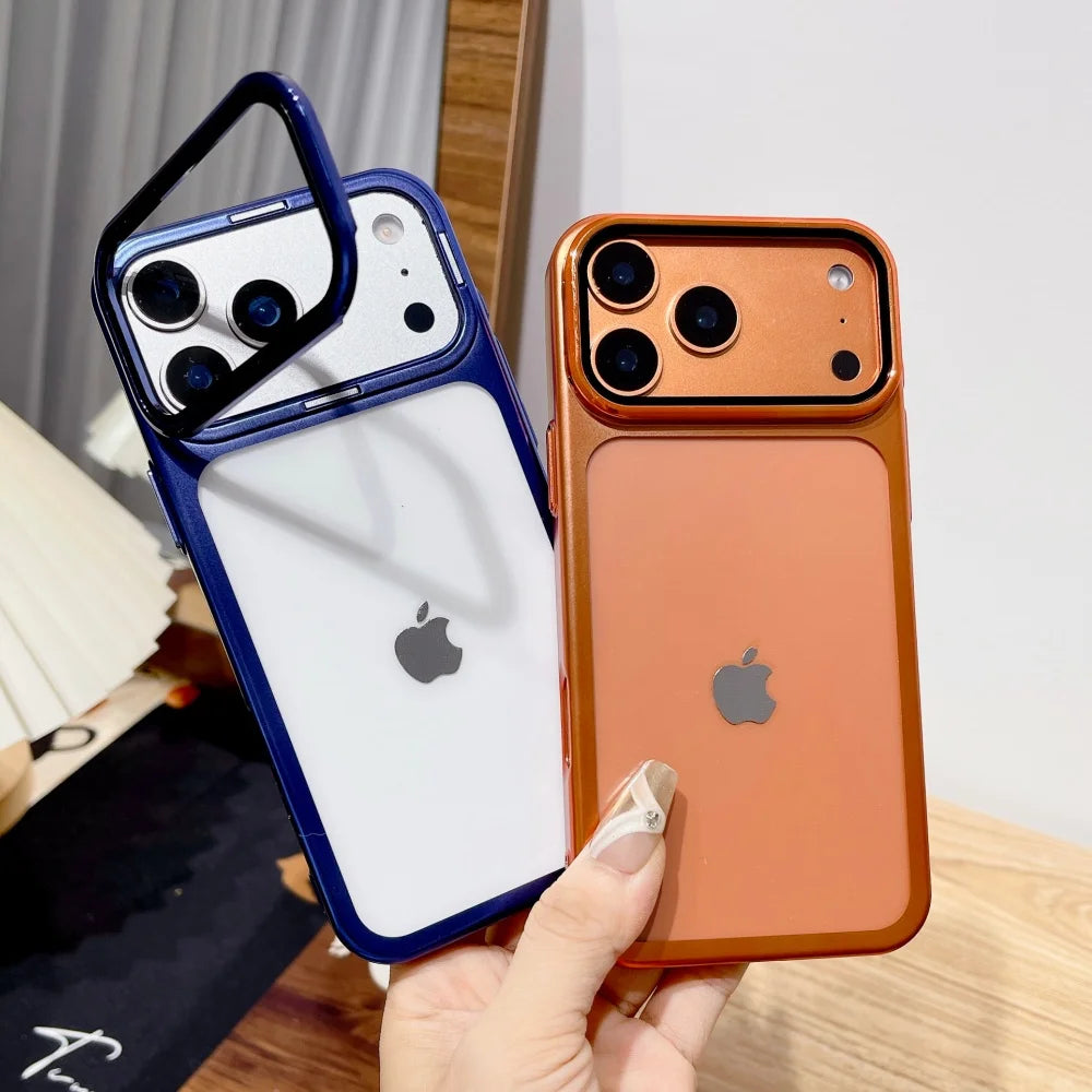 Plating Fold Glass Camera Stand Holder Clear Phone Case For iPhone 17 Pro Max 17 Pro Ultra Thin Transparent Shockproof PC Cover