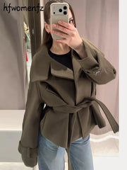Women's Belted Wool-Blend Winter Coat – Asymmetric Lace-Up Design