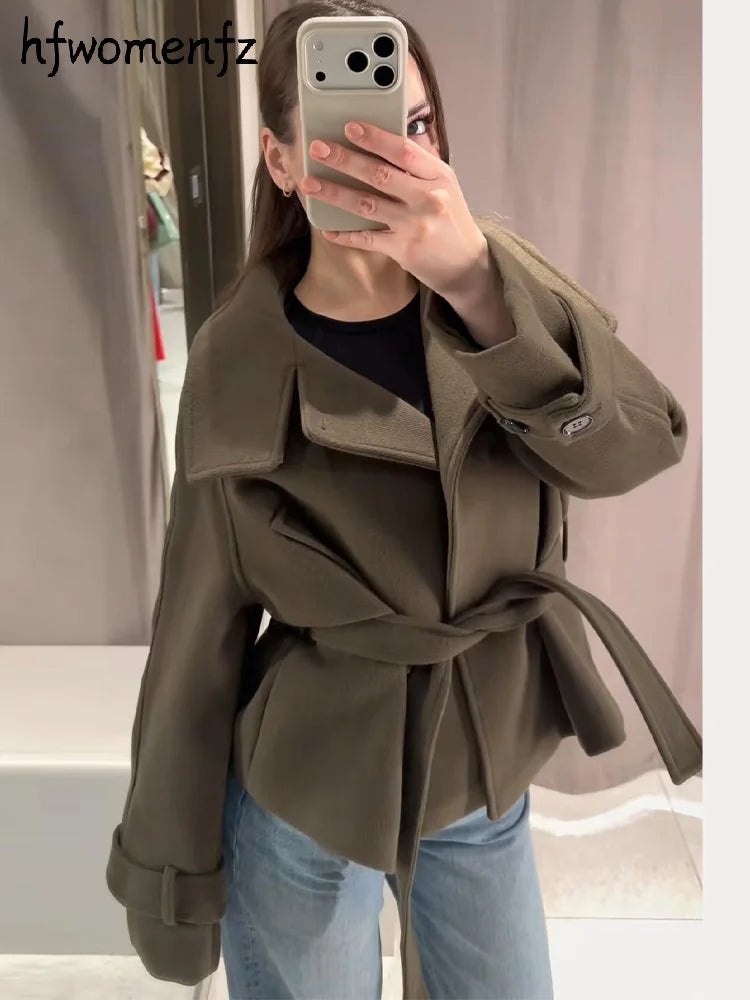 Women's Belted Wool-Blend Winter Coat – Asymmetric Lace-Up Design