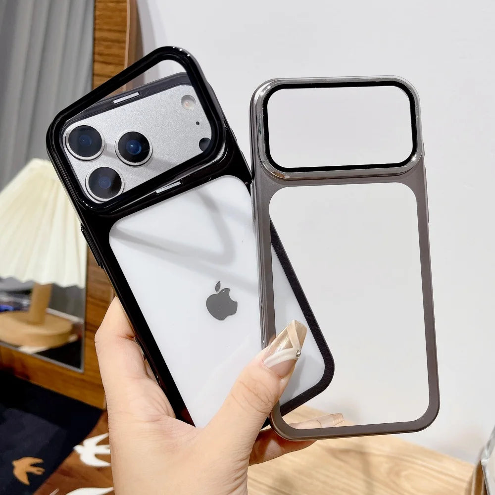 Plating Fold Glass Camera Stand Holder Clear Phone Case For iPhone 17 Pro Max 17 Pro Ultra Thin Transparent Shockproof PC Cover