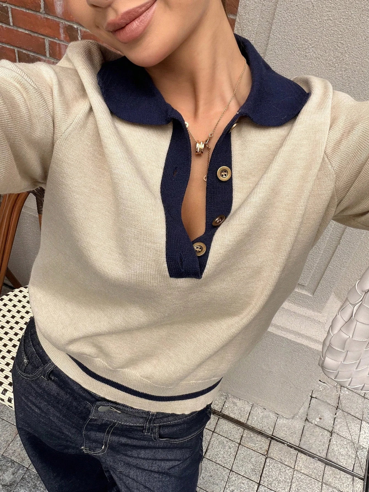Women's Colour-Block Polo Neck Knit Top – Slim Fit Korean Style