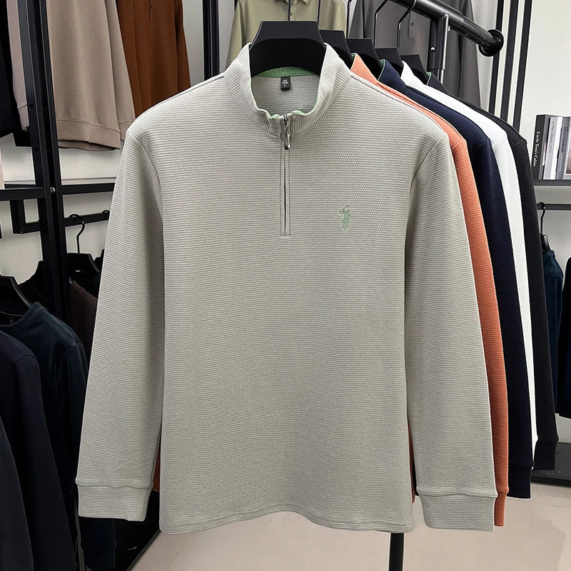 Men's Half-Zip Pony Embroidery Pullover – Stand-Collar Casual Top