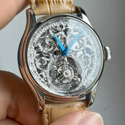 Merkur Men's Skeleton Tourbillon Watch – Sapphire, Engraved, Black