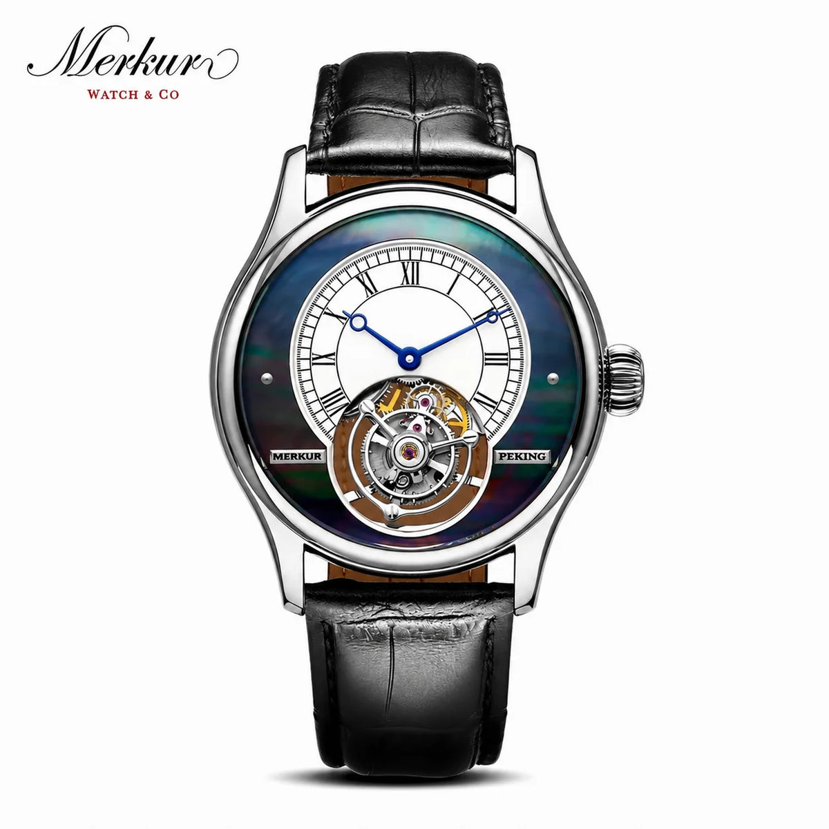 Merkur Men's Tourbillon Watch – Sapphire, Mother of Pearl Dial, 42mm