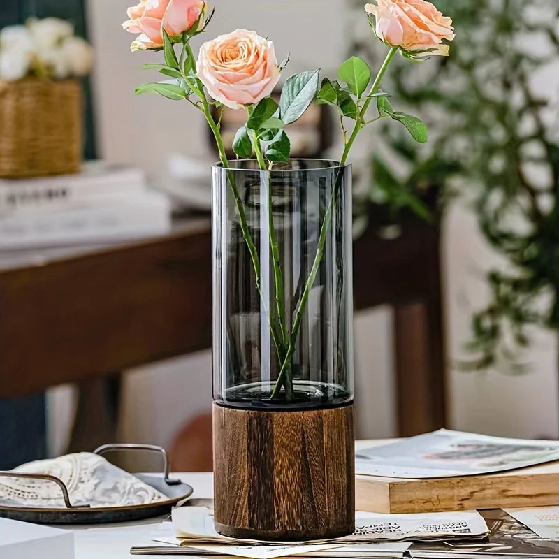 Elegant Glass Vase with Wooden Base – Hydroponic Plant Vase & Tabletop Decor