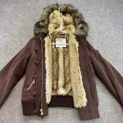 Women's Fleece-Lined Hooded Jacket – Vintage Winter Coat with Fur Collar