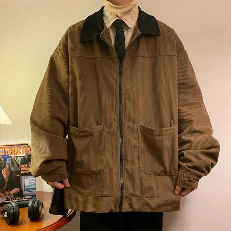 Men's Vintage Corduroy Jacket – Loose Fit Zip-Up Casual Coat