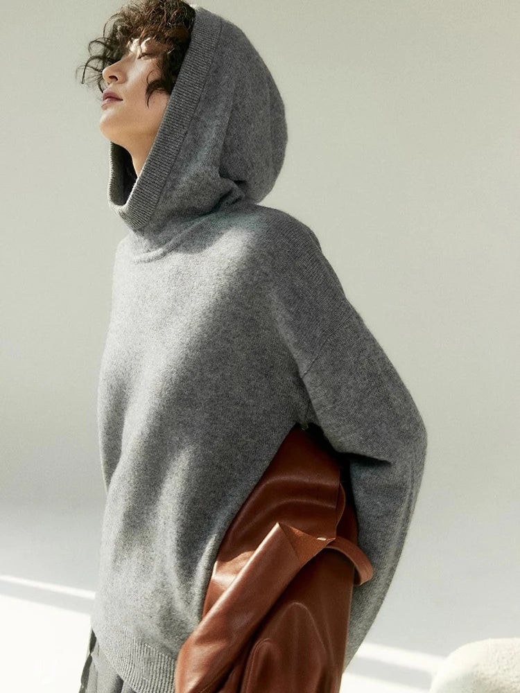 Women's Grey Hooded Cashmere-Blend Pullover – Warm Winter Jumper