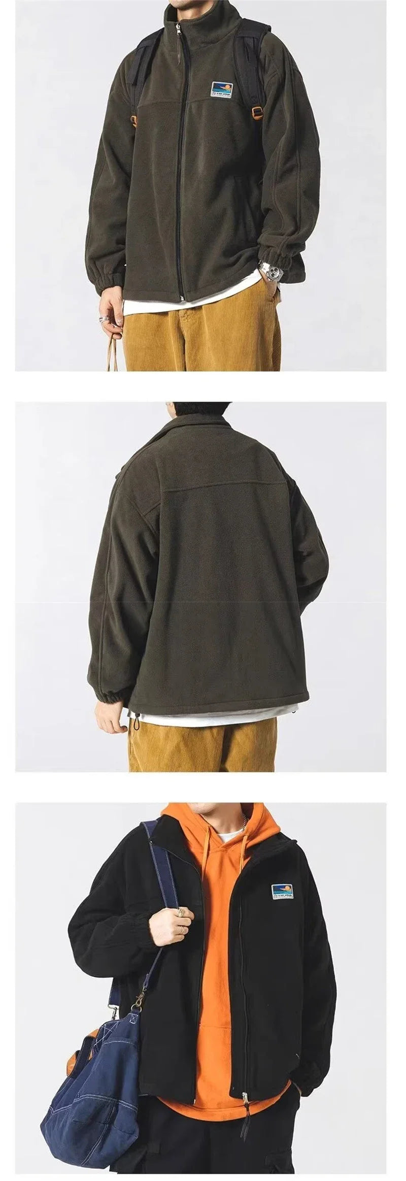 Autumn Men's Vintage Polar Fleece Jackets Appliques Zipper Loose Fit Outwear Lambswool Coat Winter Stand Collar Bomber Jacket