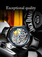 AILANG Men's Sports Automatic Watch – Leather Strap, Luminous Hollow Dial