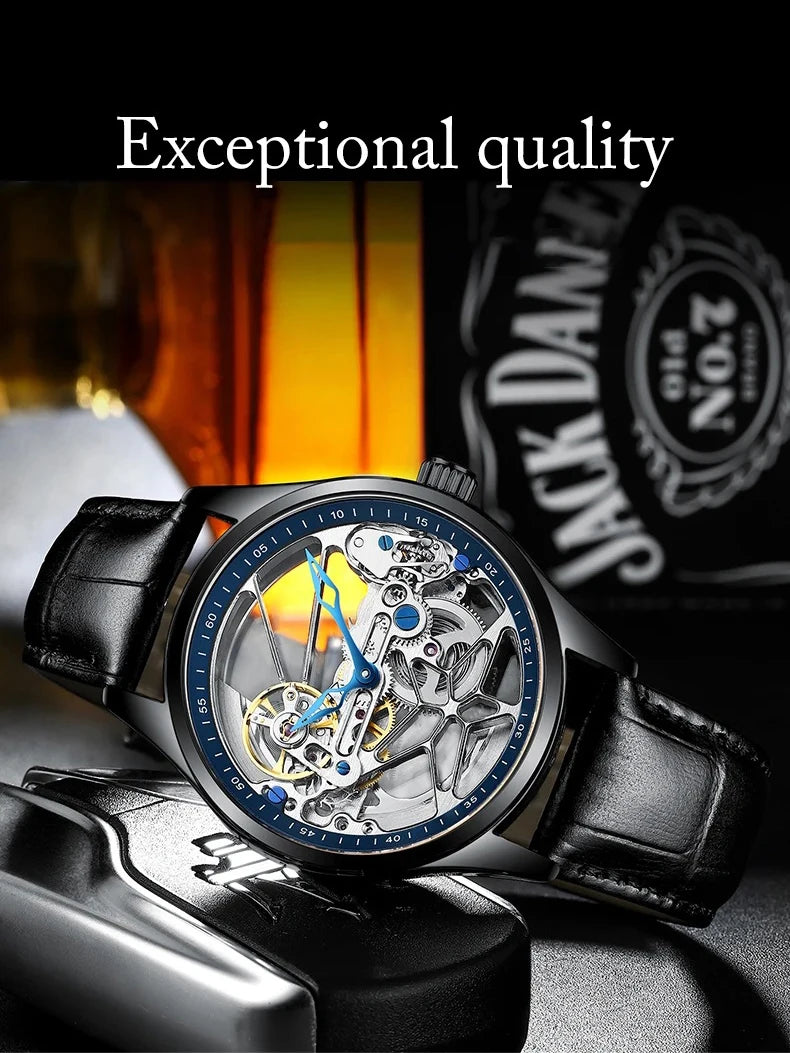 AILANG Men's Sports Automatic Watch – Leather Strap, Luminous Hollow Dial