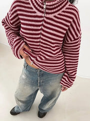 Women's Striped Zip-Up Knit Cardigan – Stand Collar, Loose Fit