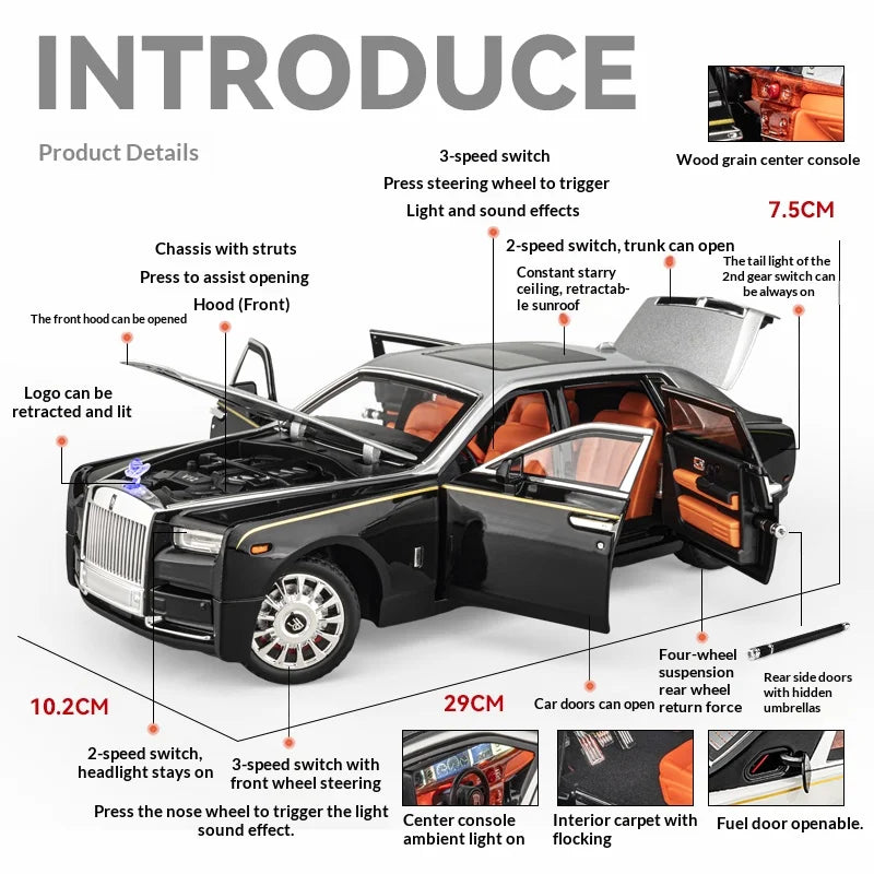 Rolls-Royce Phantom 1:18 Diecast Model – Pull-Back Car, Sound & Light