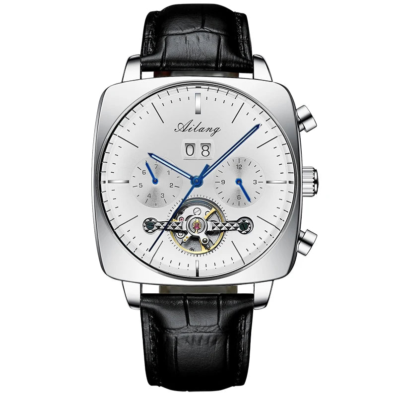 AILANG Men's Automatic Mechanical Watch – Hollow Dial, Calendar, Leather Strap