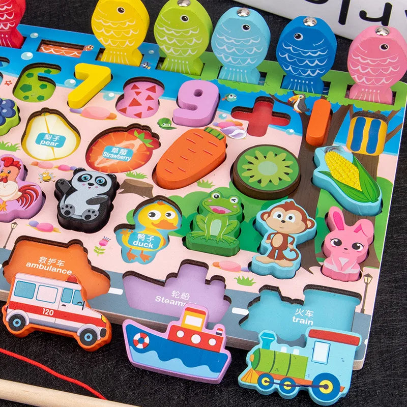 7-in-1 Wooden Learning Board & Magnetic Fishing Game