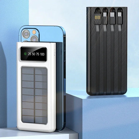200000mAh Solar Power Bank Large Capacity Super Fast Charging Digital Display 4 Cables External Battery For iphone 16 15 Xiaomi