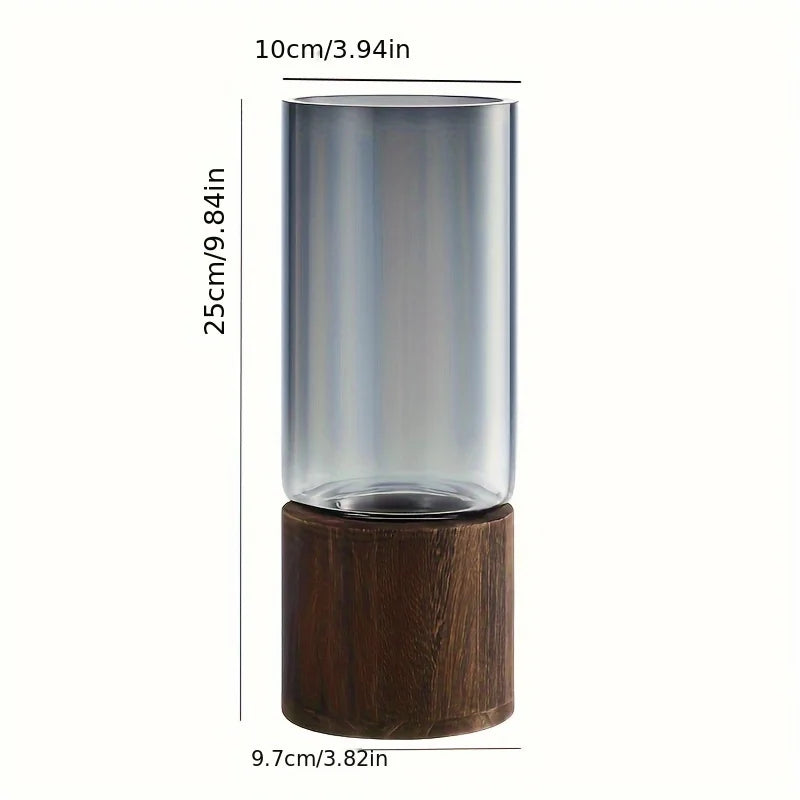 Elegant Glass Vase with Wooden Base – Hydroponic Plant Vase & Tabletop Decor