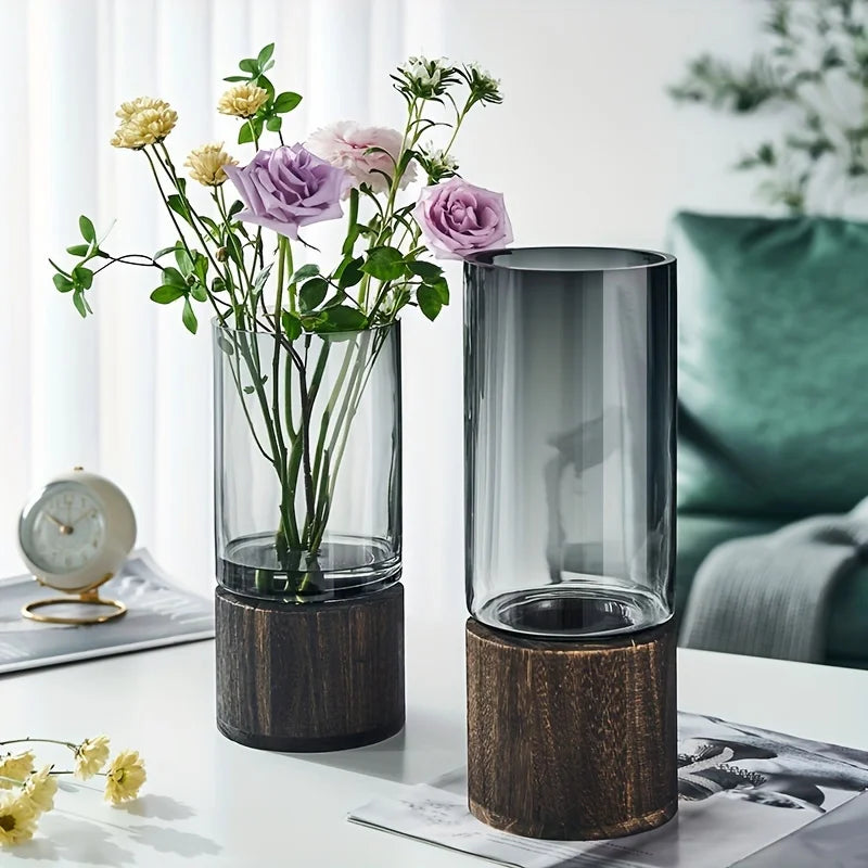 Elegant Glass Vase with Wooden Base – Hydroponic Plant Vase & Tabletop Decor