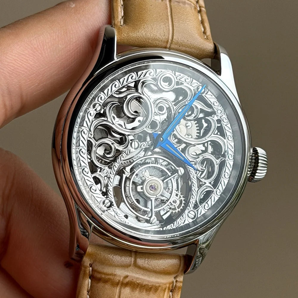 Merkur Men's Skeleton Tourbillon Watch – Sapphire, Carved, 42mm