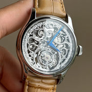 Merkur Men's Skeleton Tourbillon Watch – Sapphire, Engraved, Black