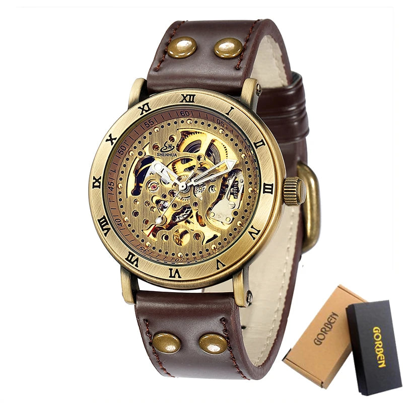 Retro Style Men Automatic Mechanical Watch Skeleton Steampunk Genuine Leather Band Mens Self Winding Wrist Watches Men Reloj