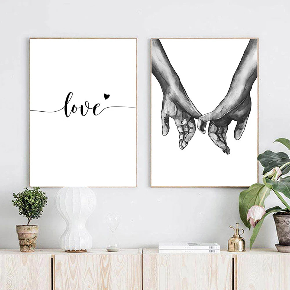 Black White Style Sweet Love Wall Art Canvas Poster Minimalist Hand In Hand Print Painting Picture For Living Room Bedroom Decor