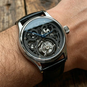 Merkur Men's Skeleton Tourbillon Watch – Sapphire, Engraved, Black