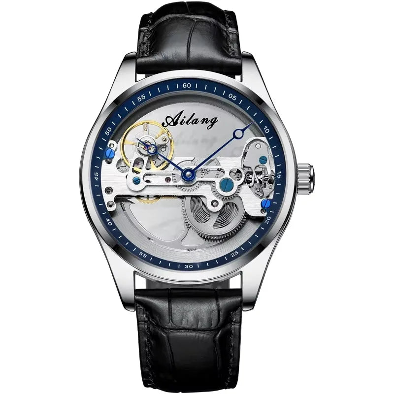 AILANG Men's Hollow Automatic Mechanical Watch – Black Leather, Skeleton Dial