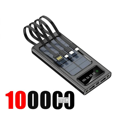 200000mAh Solar Power Bank Large Capacity Super Fast Charging Digital Display 4 Cables External Battery For iphone 16 15 Xiaomi