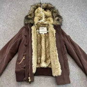 Women's Fleece-Lined Hooded Jacket – Vintage Winter Coat with Fur Collar