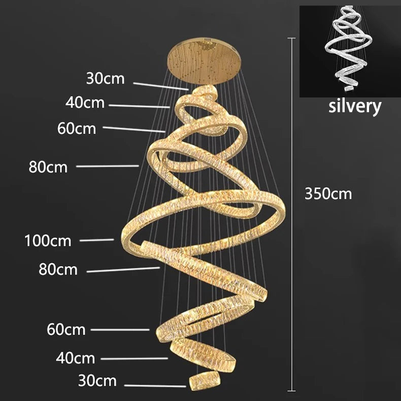 Crystal Ring Chandelier — Luxury Staircase Pendant, Remote Dimming