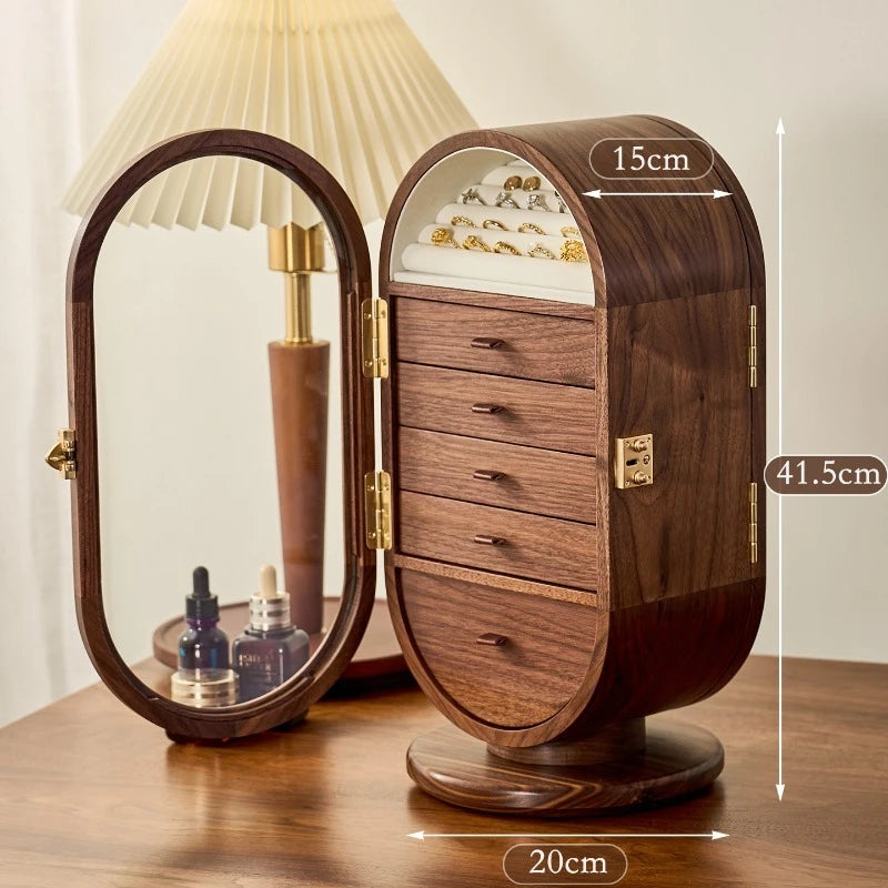 Solid Wood Jewellery Box with Mirror – Rotating Multifunctional Storage Cabinet