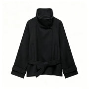 Women's Belted Wool-Blend Winter Coat – Asymmetric Lace-Up Design