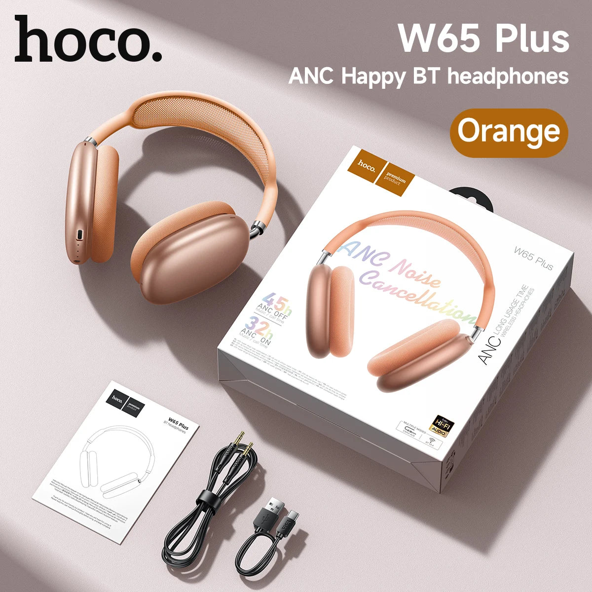 HOCO W65 Plus ANC Noise Reduction Bluetooth Headphones Over The Ear Wireless Big Earphone Hifi Sounds Sport Headsets With Button