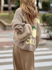 Women's Lemon Print Knit Cardigan – Button Front, Lantern Sleeves