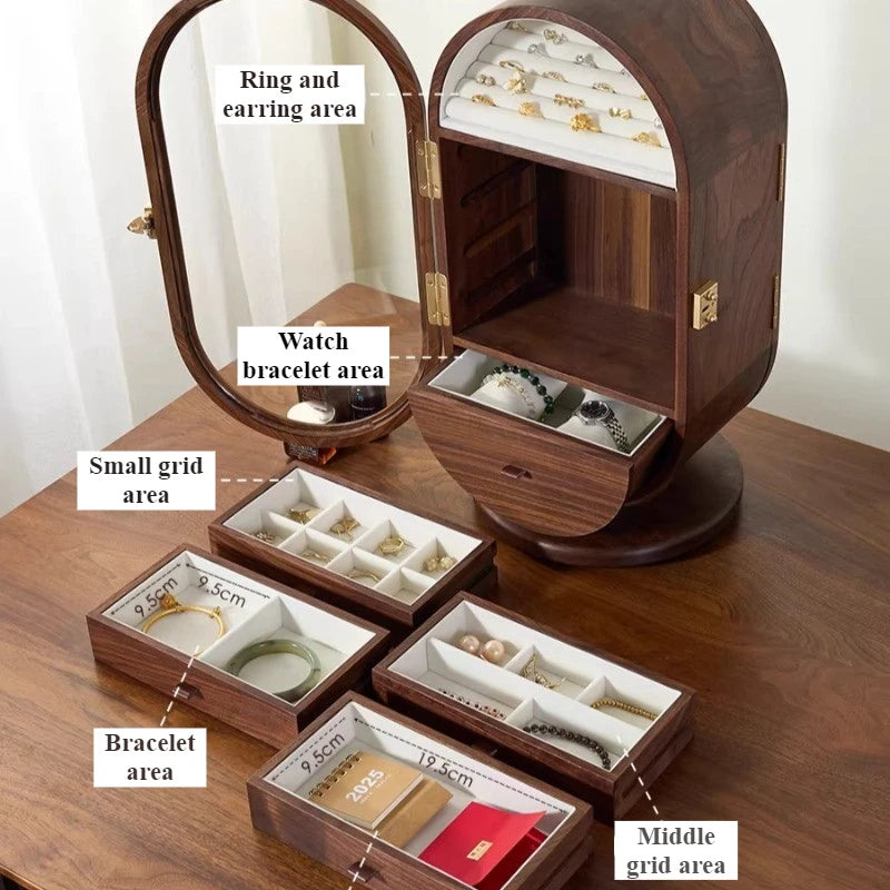 Solid Wood Jewellery Box with Mirror – Rotating Multifunctional Storage Cabinet