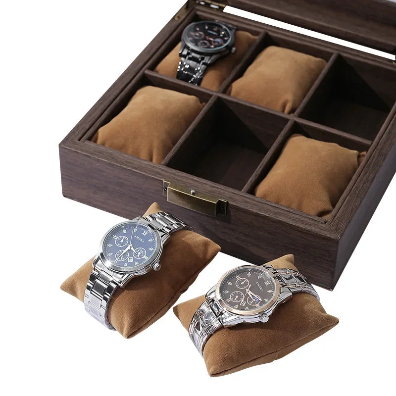 Wood Grain PU Leather Square 6-Bit Watch Storage Collection Display Box High-End Watch Jewelry Storage Box Men Jewellery Box