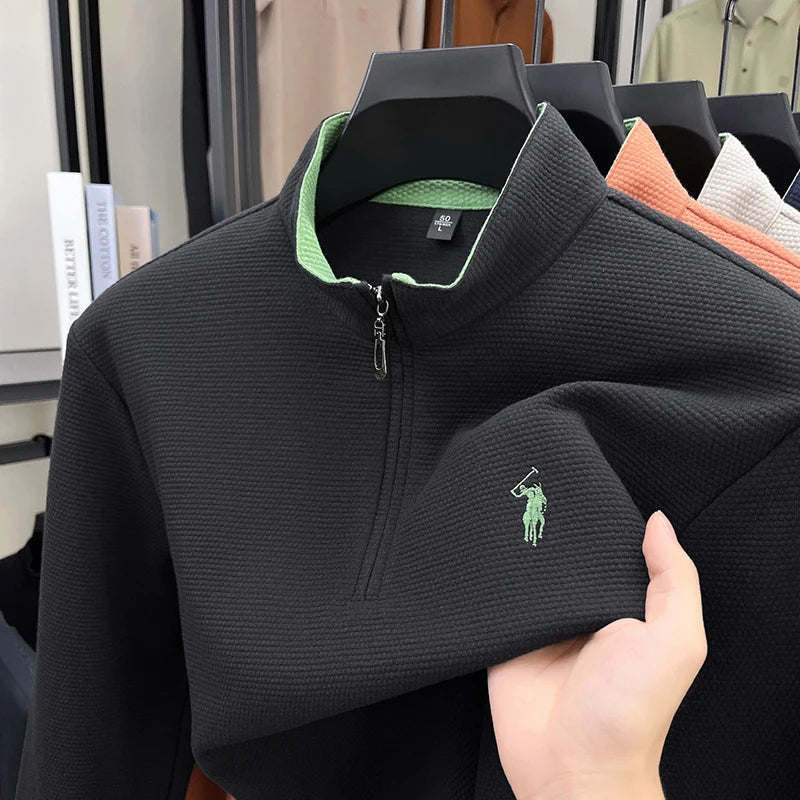 Men's Half-Zip Pony Embroidery Pullover – Stand-Collar Casual Top