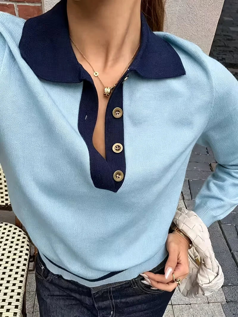 Women's Colour-Block Polo Neck Knit Top – Slim Fit Korean Style