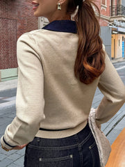 Women's Colour-Block Polo Neck Knit Top – Slim Fit Korean Style